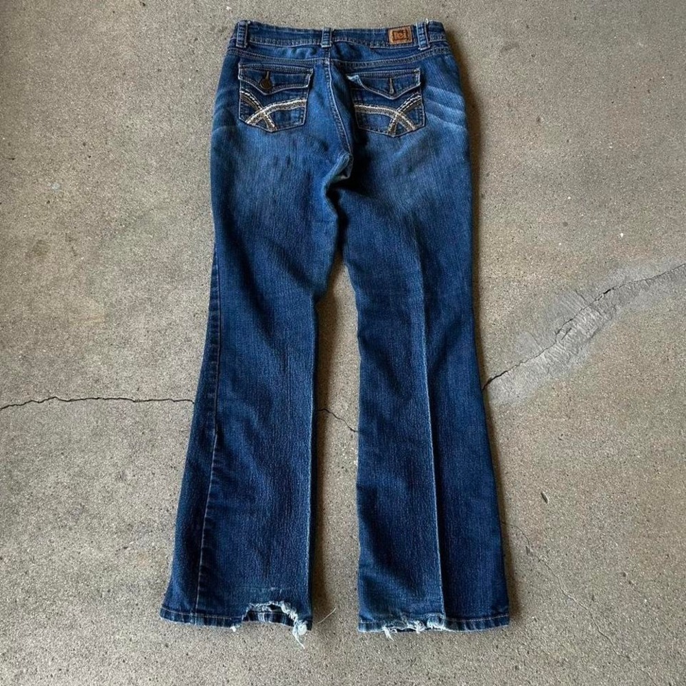 Women's LEI low rise bootcut dark blue grunge denim jeans pants